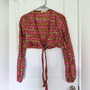 Grass-Fields African Print Long Sleeve Tie-Front Crop Top UK Size 8 (US 6)